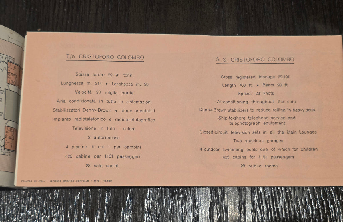 Italian Line M.V. Cristoforo Colombo Deck Plan (1972)