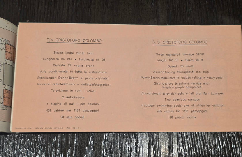 Italian Line M.V. Cristoforo Colombo Deck Plan (1972)