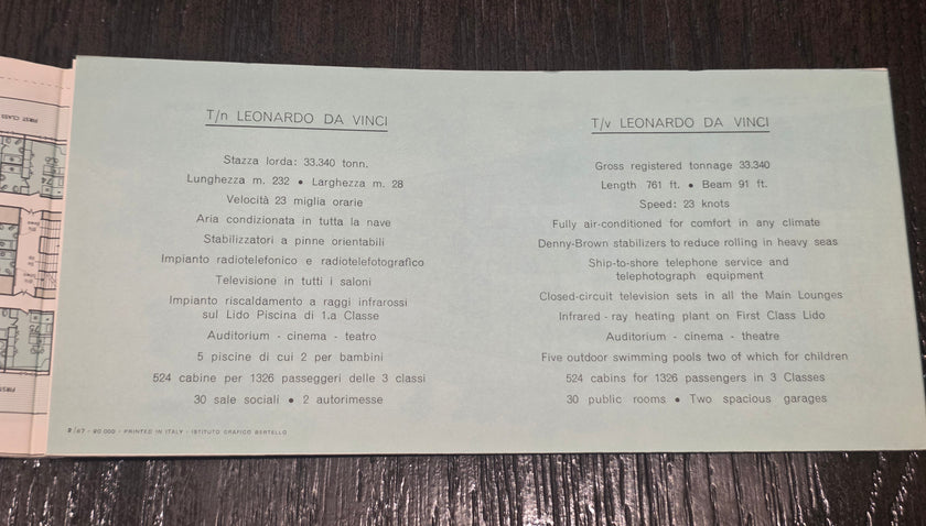 Italian Line M.V. Leonardo Da Vinci Deck Plan (1966)