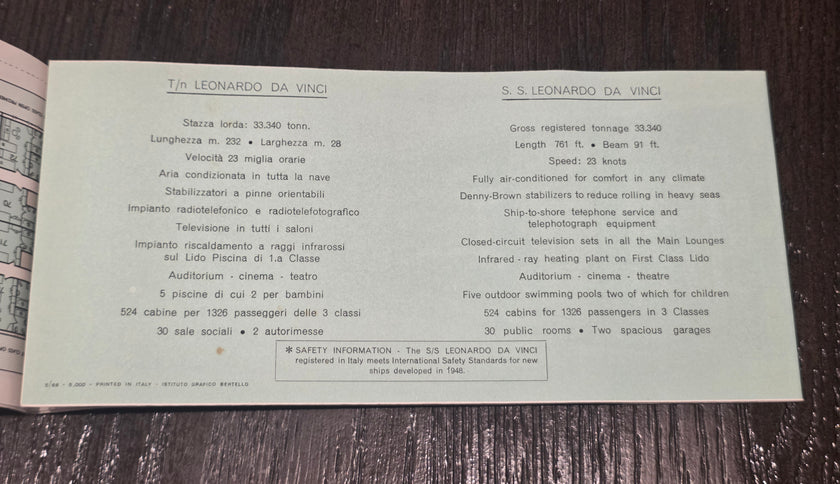 Italian Line M.V. Leonardo Da Vinci Deck Plan (1968)