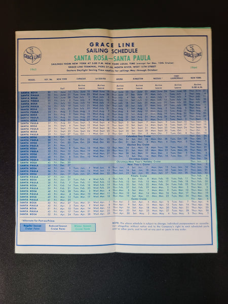 Grace Line "Santa Rosa & Santa Paula" Timetable (1963)