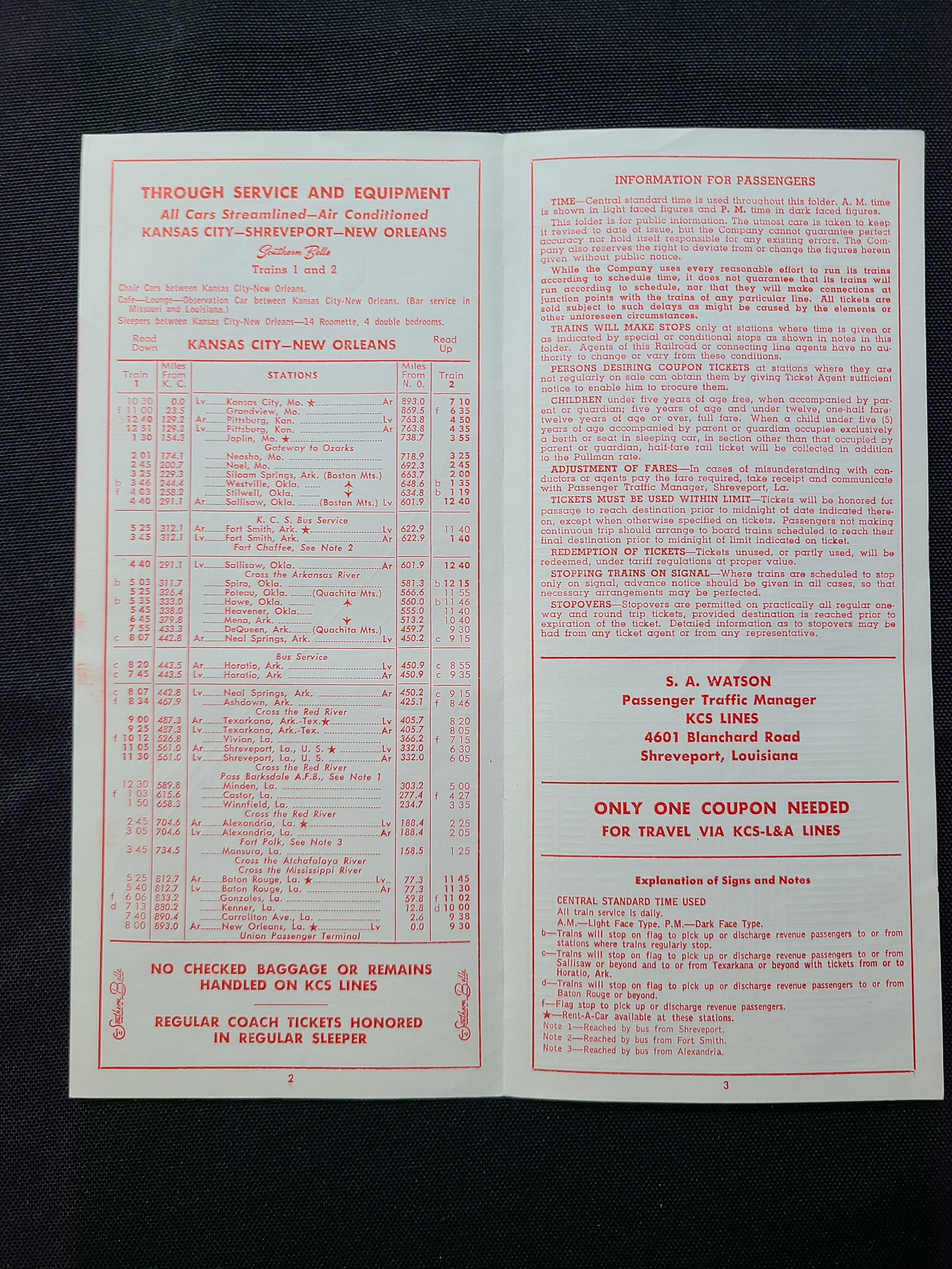 Kansas City Southern Lines Railroad Information & Timetable Packet (1968)