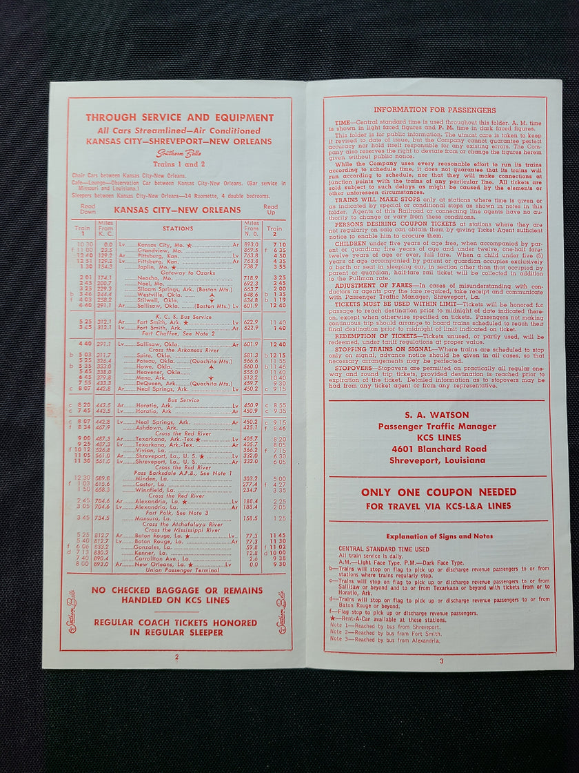 Kansas City Southern Lines Railroad Information & Timetable Packet (1968)