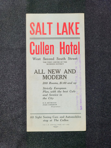 Salt Lake Cullen Hotel Brochure (1900s+)