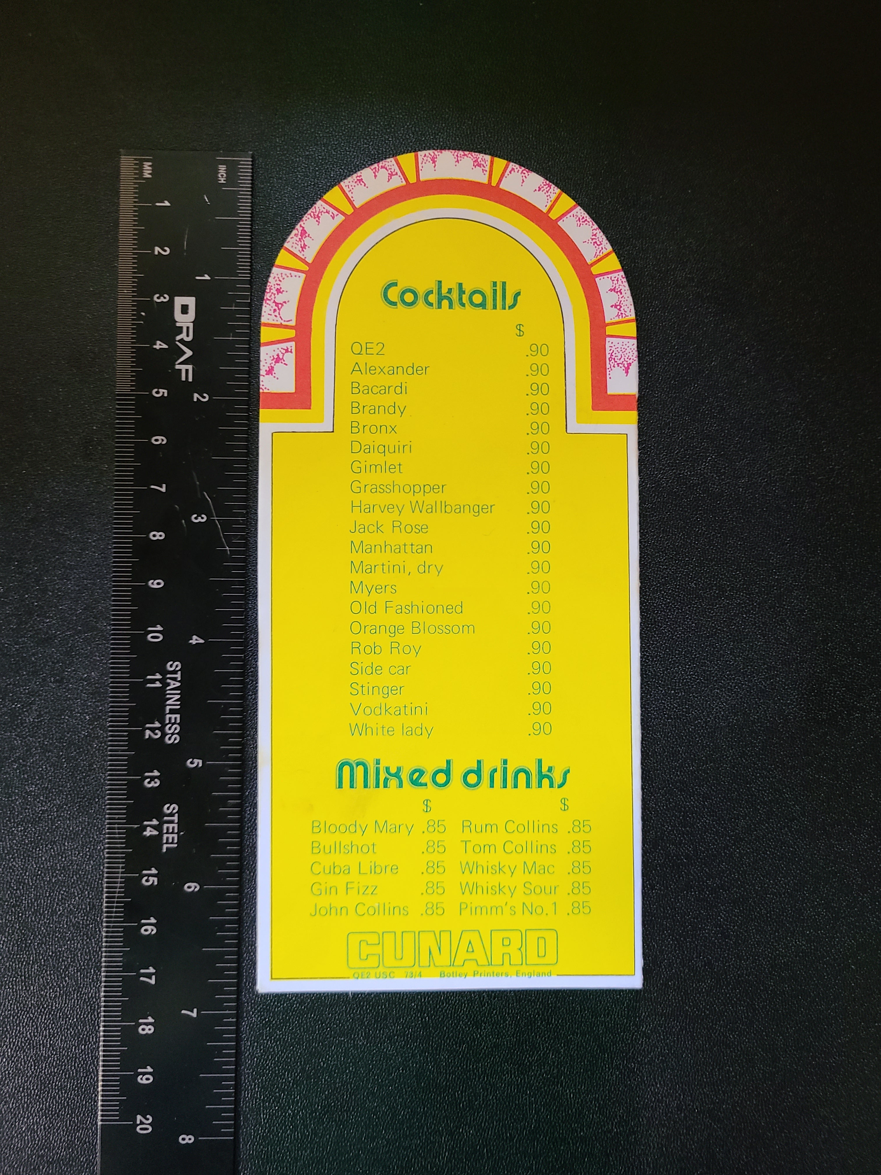 Cunard R.M.S. Queen Elizabeth 2 Bar List Menu (1973)