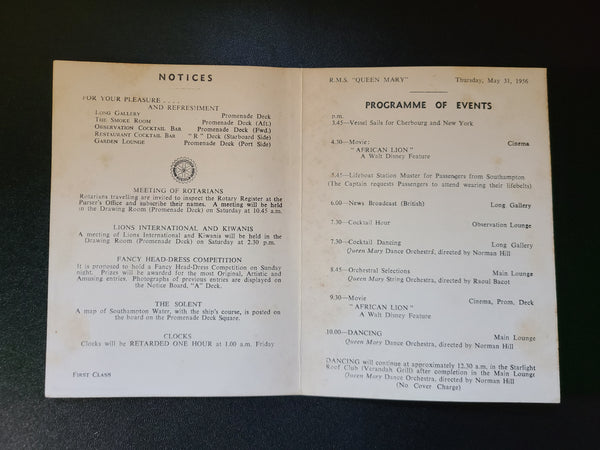 Cunard R.M.S. Queen Mary First Class Programme of Events (1956)