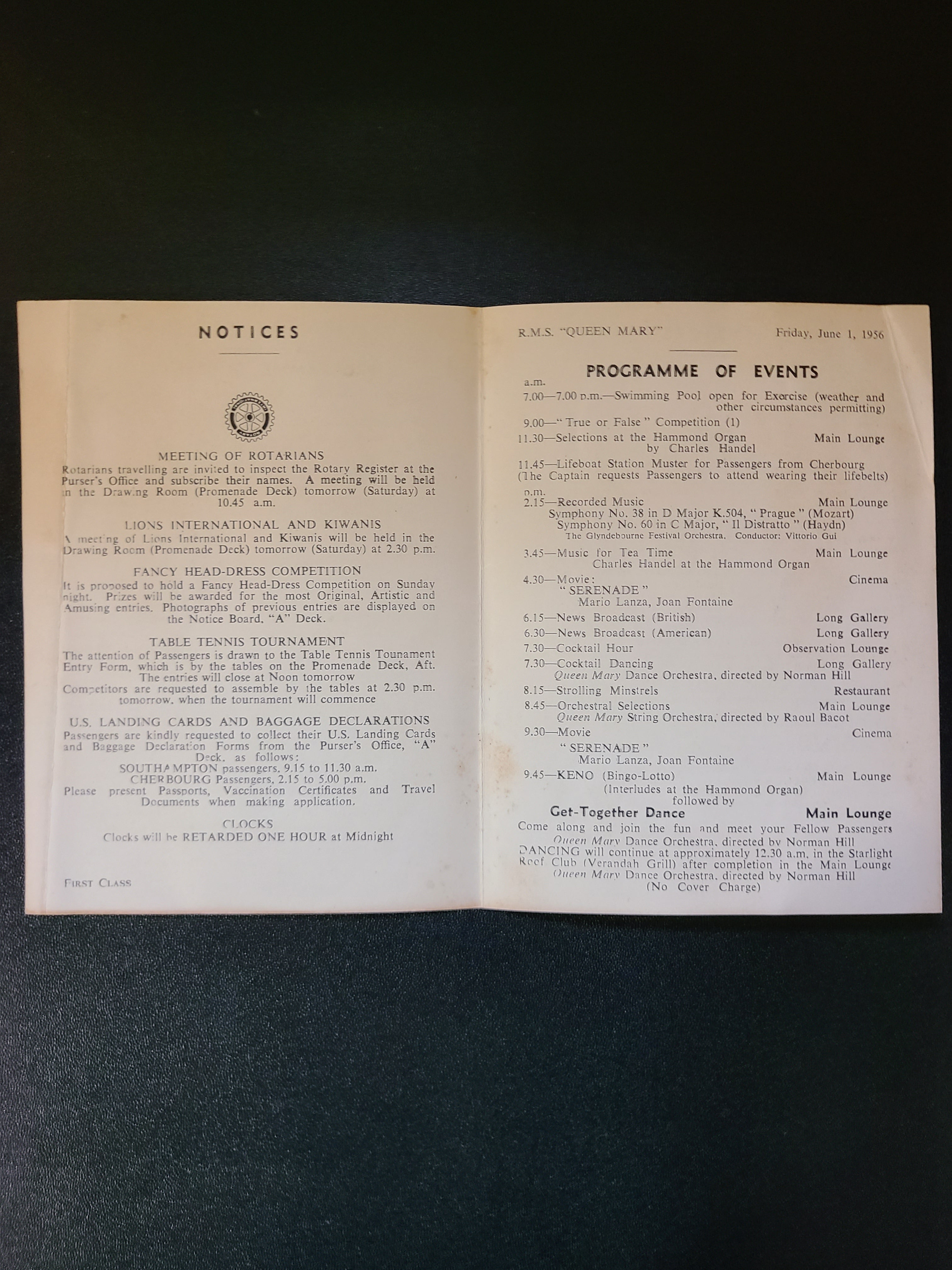 Cunard R.M.S. Queen Mary First Class Programme of Events (1956)