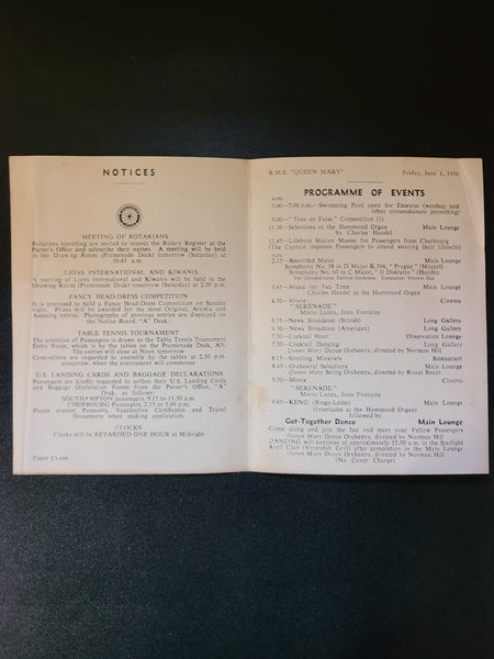 Cunard R.M.S. Queen Mary First Class Programme of Events (1956)