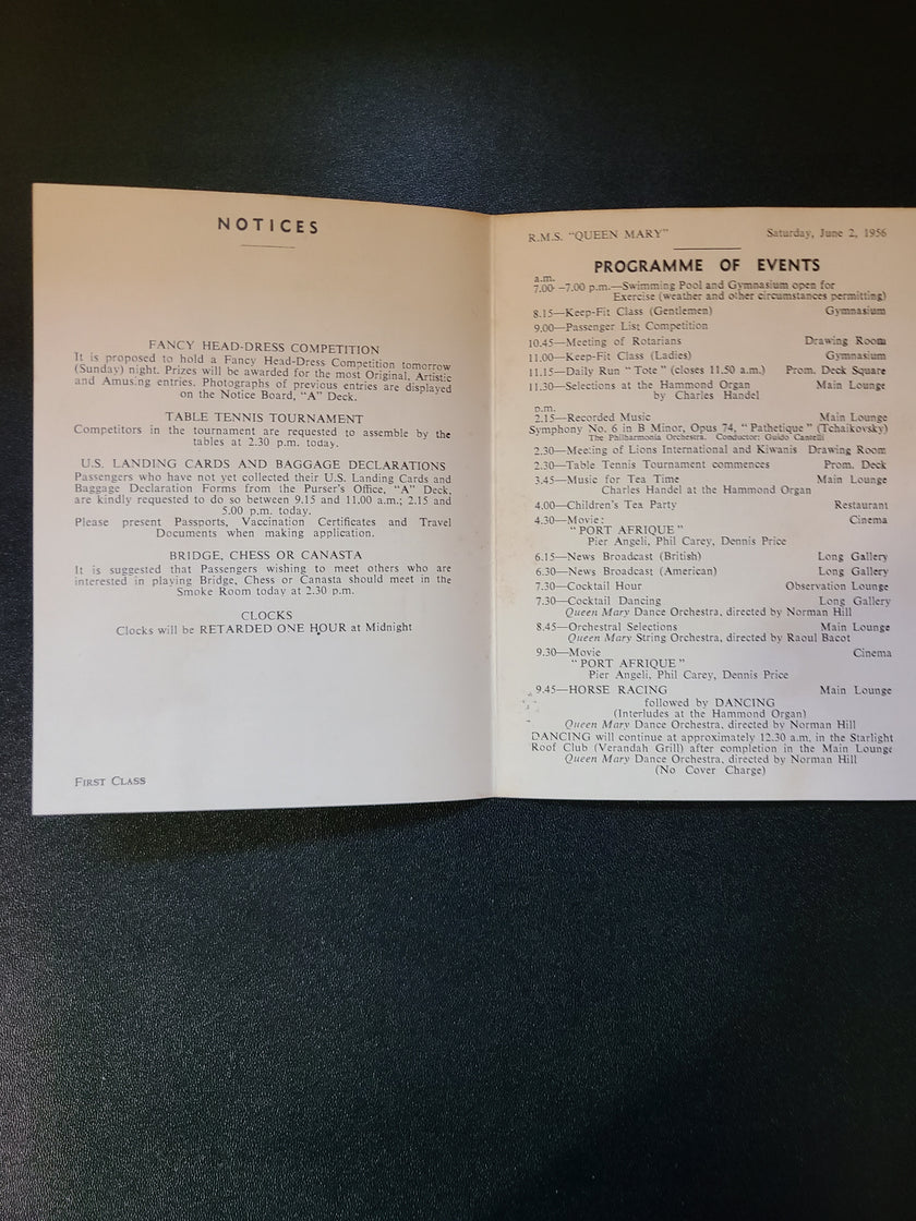 Cunard R.M.S. Queen Mary First Class Programme of Events (1956)