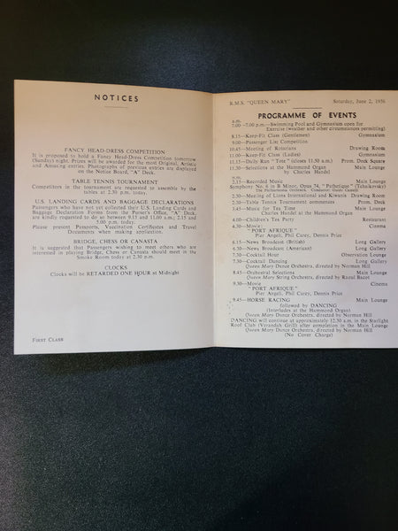 Cunard R.M.S. Queen Mary First Class Programme of Events (1956)