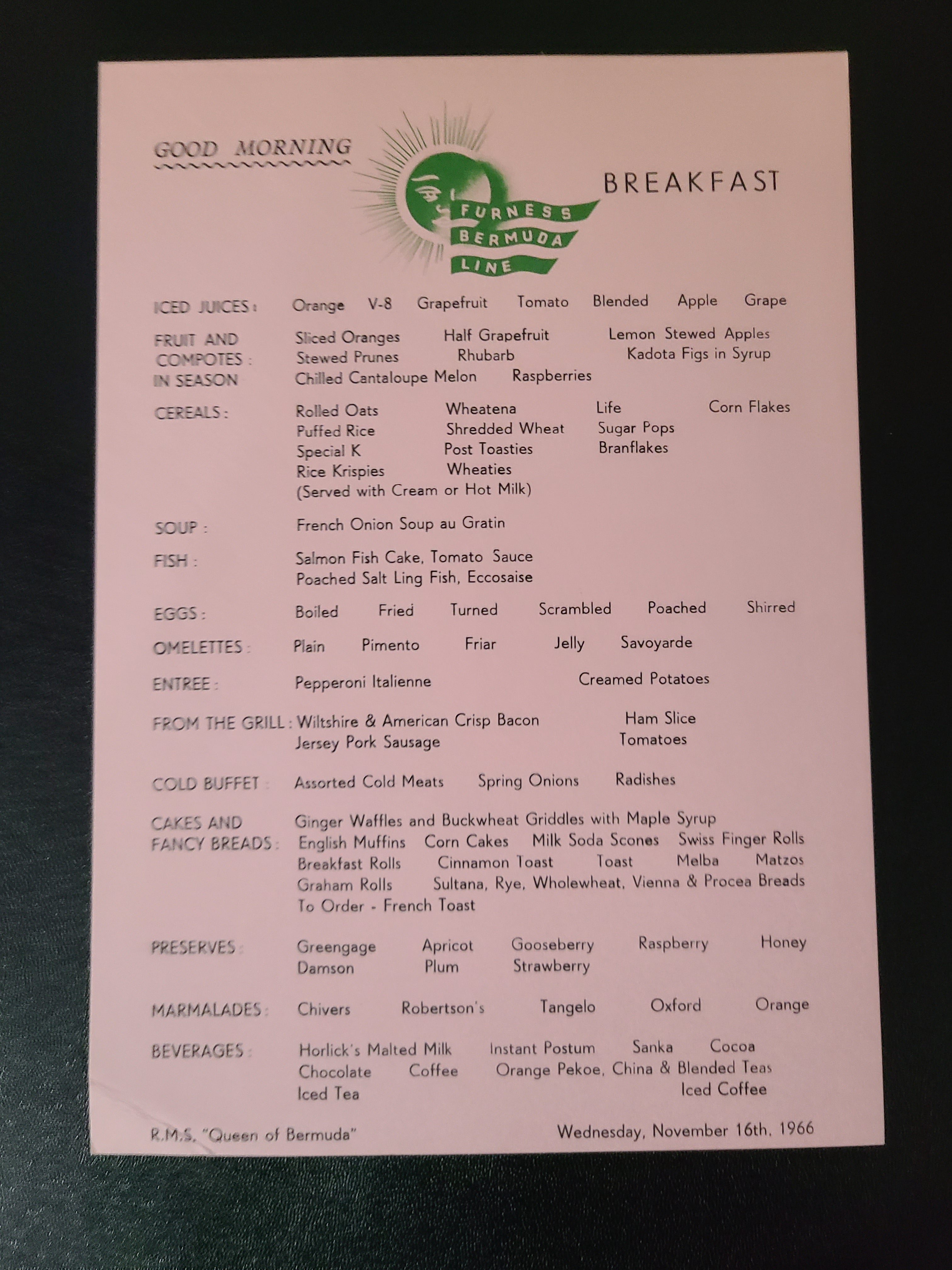 Furness Bermuda Line Breakfast Menu (1966)