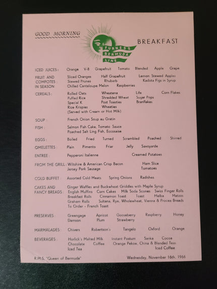 Furness Bermuda Line Breakfast Menu (1966)