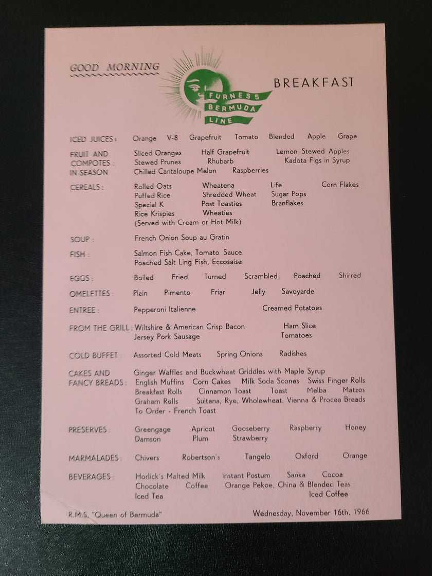 Furness Bermuda Line Breakfast Menu (1966)