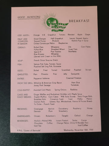 Furness Bermuda Line Breakfast Menu (1966)