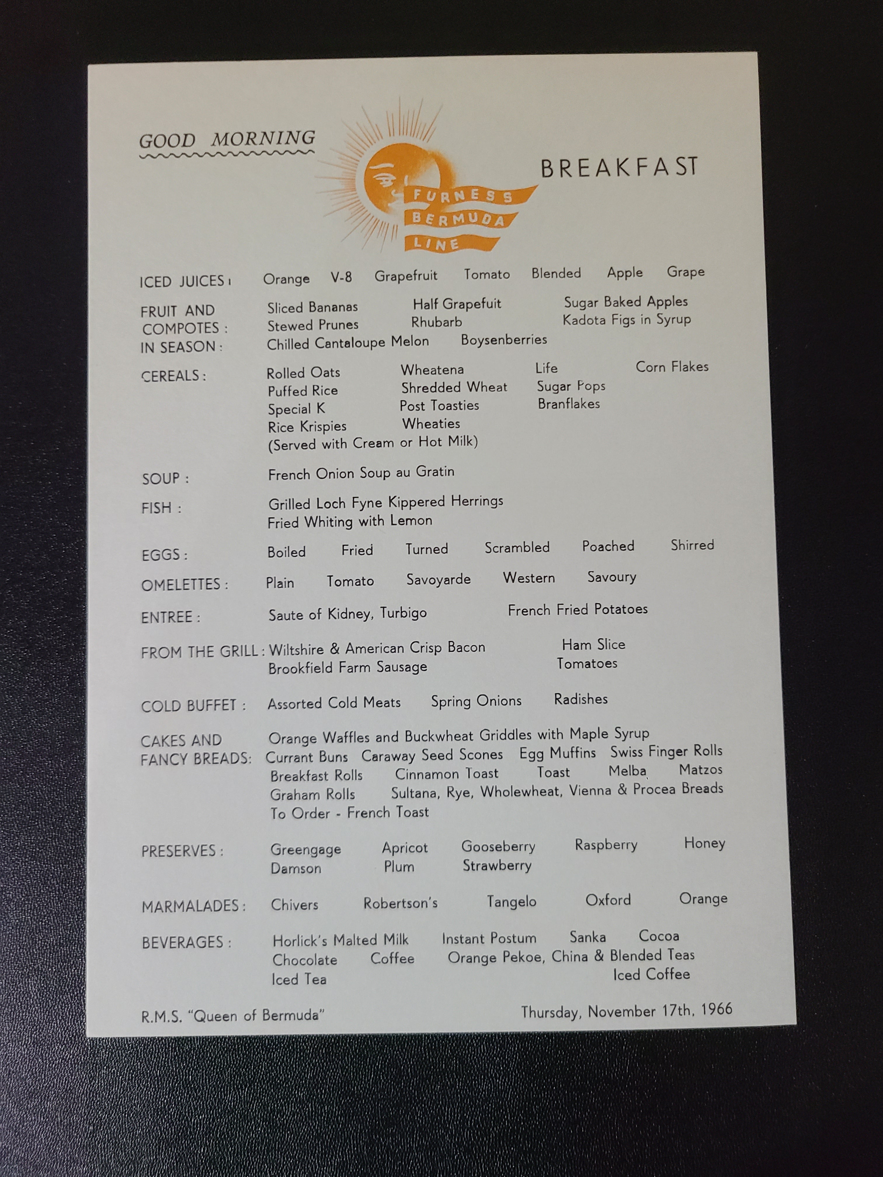 Furness Line Bermuda Queen of Bermuda Breakfast Menu (1966)