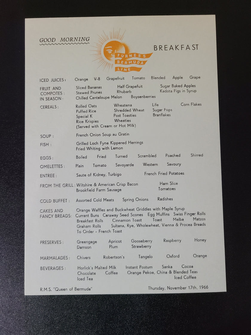 Furness Line Bermuda Queen of Bermuda Breakfast Menu (1966)