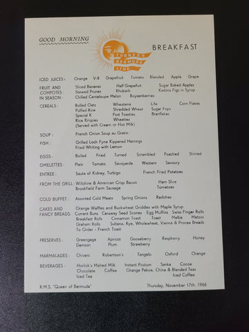 Furness Line Bermuda Queen of Bermuda Breakfast Menu (1966)