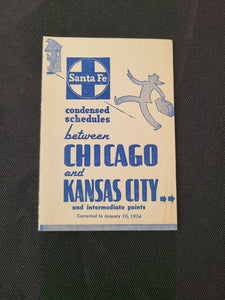 Santa Fe Railroad "Chicago to Kansas City" Timetable (Jan 10th, 1954)