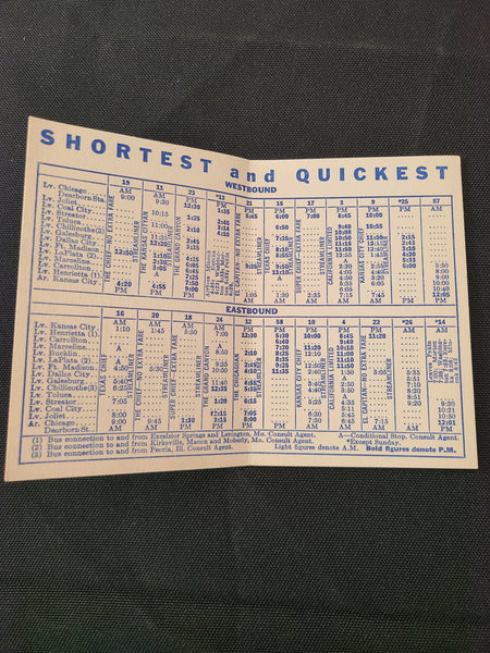 Santa Fe Railroad "Chicago to Kansas City" Timetable (Jan 10th, 1954)