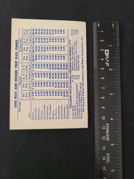 Santa Fe Railroad "Chicago to Kansas City" Timetable (Jan 10th, 1954)