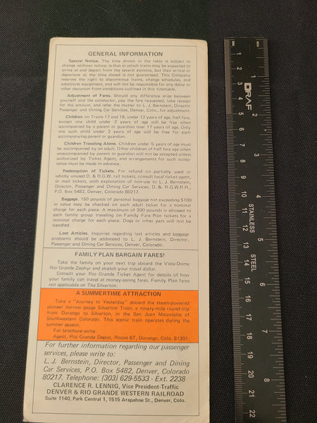 Rio Grande "The Action Railroad" Timetable (Aug 1st, 1977)