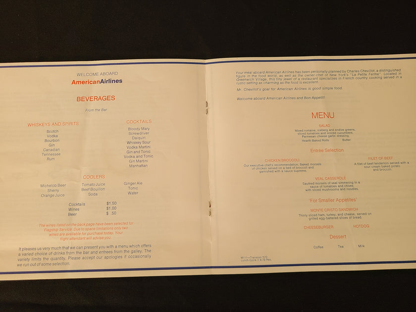 American Airlines Flagship Service Lunch Menu