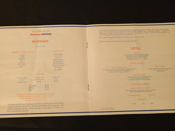 American Airlines Flagship Service Lunch Menu