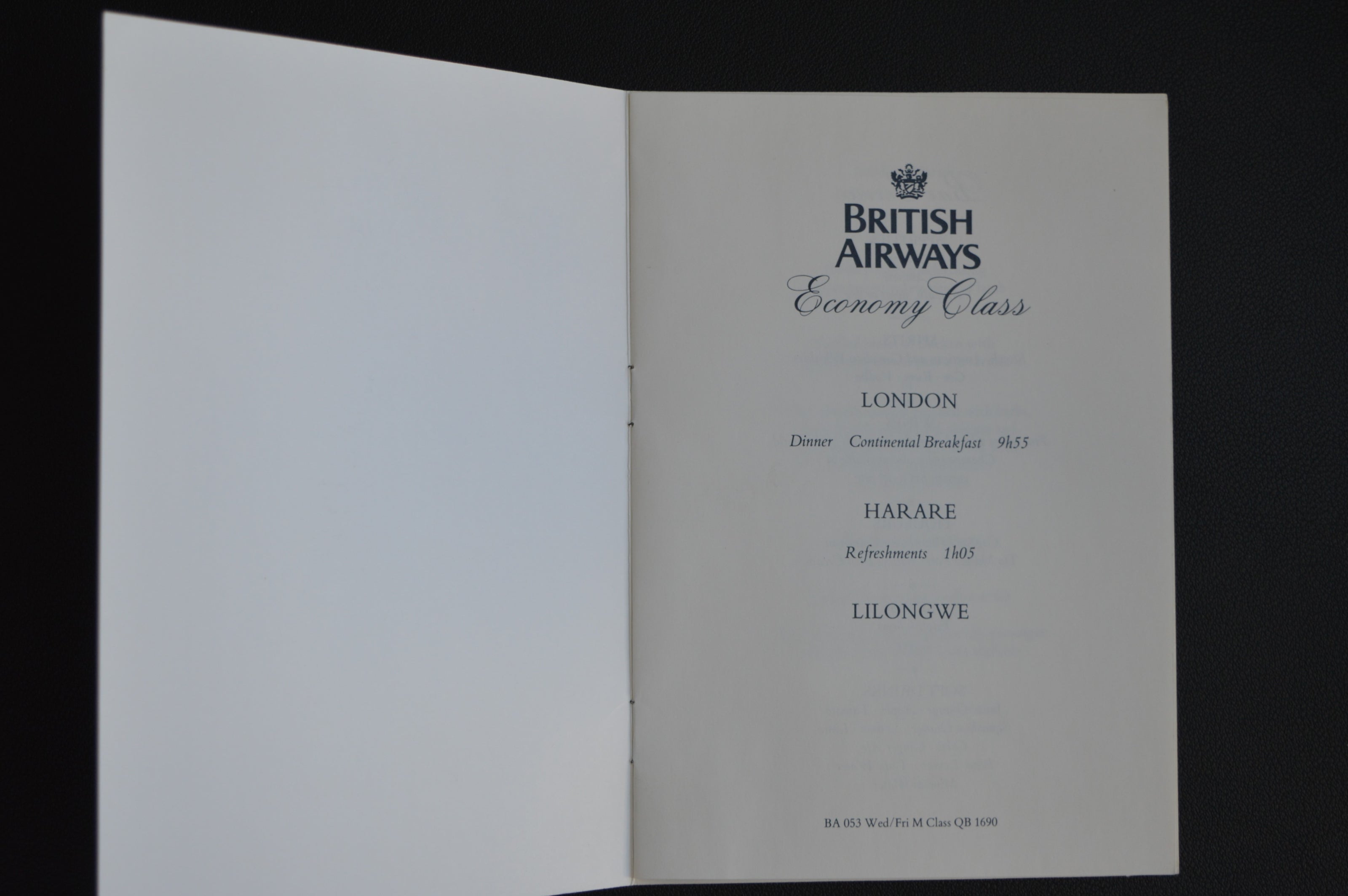 British Airways Menu (London to Zimbabwe) (1980s)