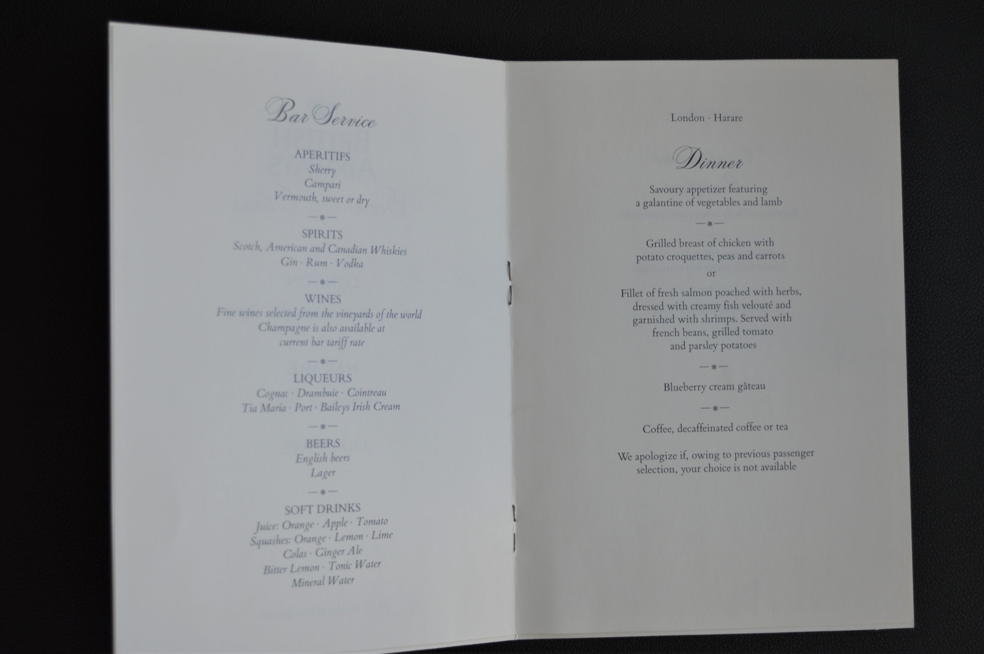 British Airways Menu (London to Zimbabwe) (1980s)