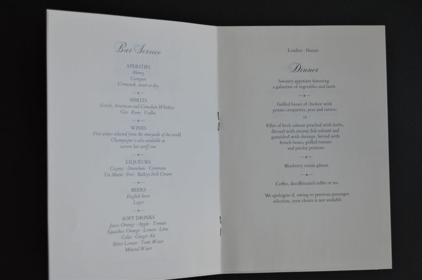 British Airways Menu (London to Zimbabwe) (1980s)