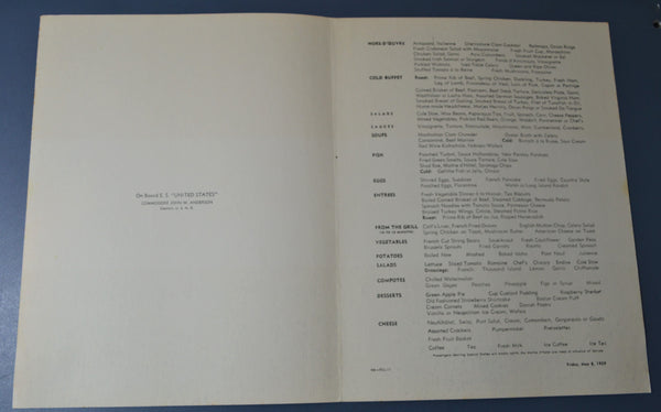 S.S. United States Lunch Menu (Fri 8 May 1959)