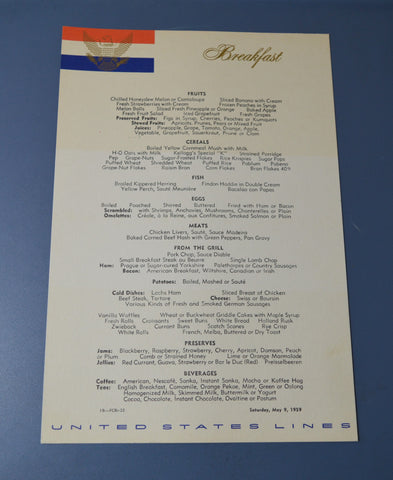 S.S. United States Breakfast Menu (Sat 9 May 1959)