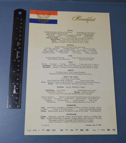 S.S. United States Breakfast Menu (Sat 9 May 1959)