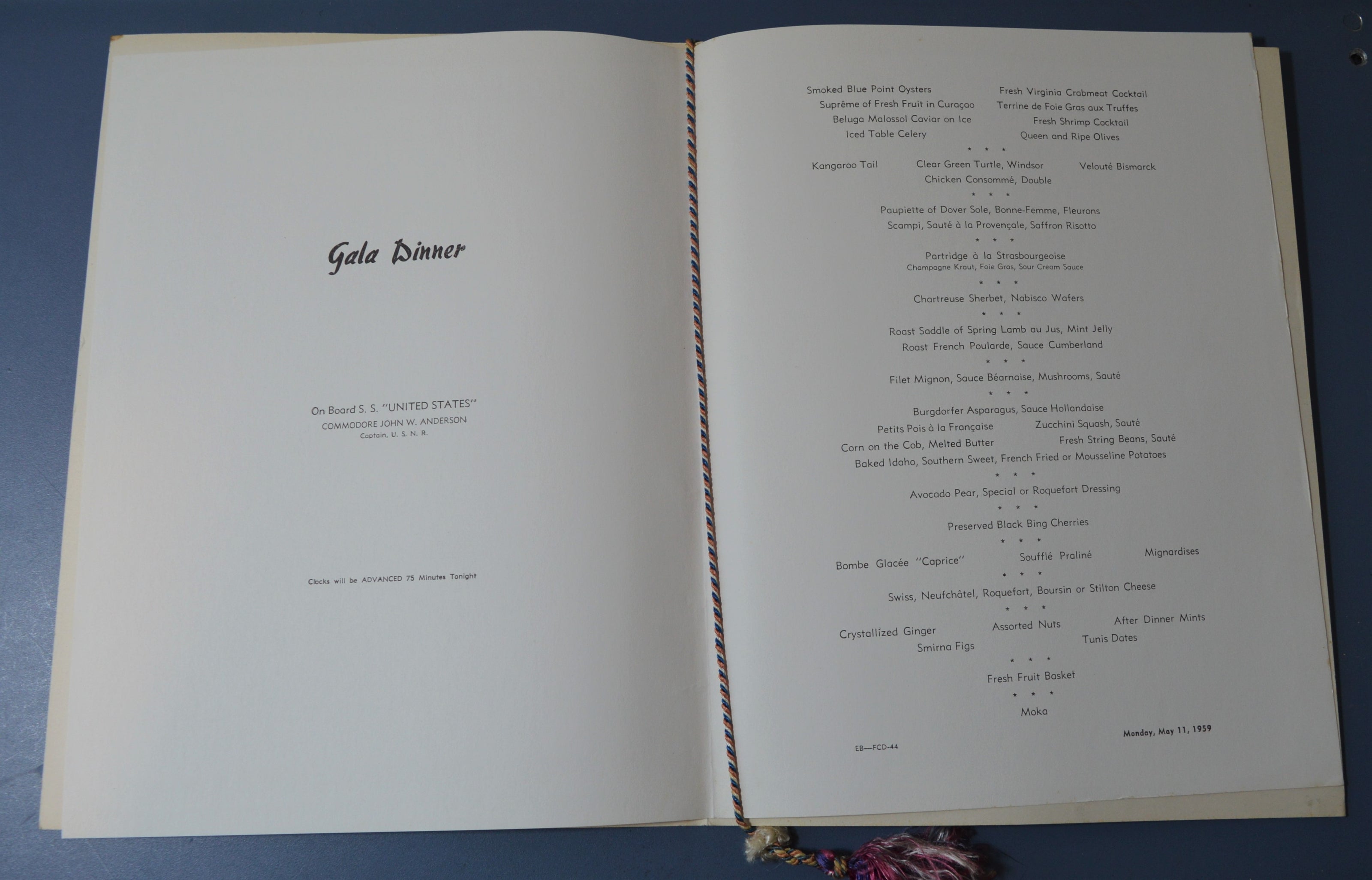 S.S. United States Gala Dinner Menu (Mon 11 May 1959)