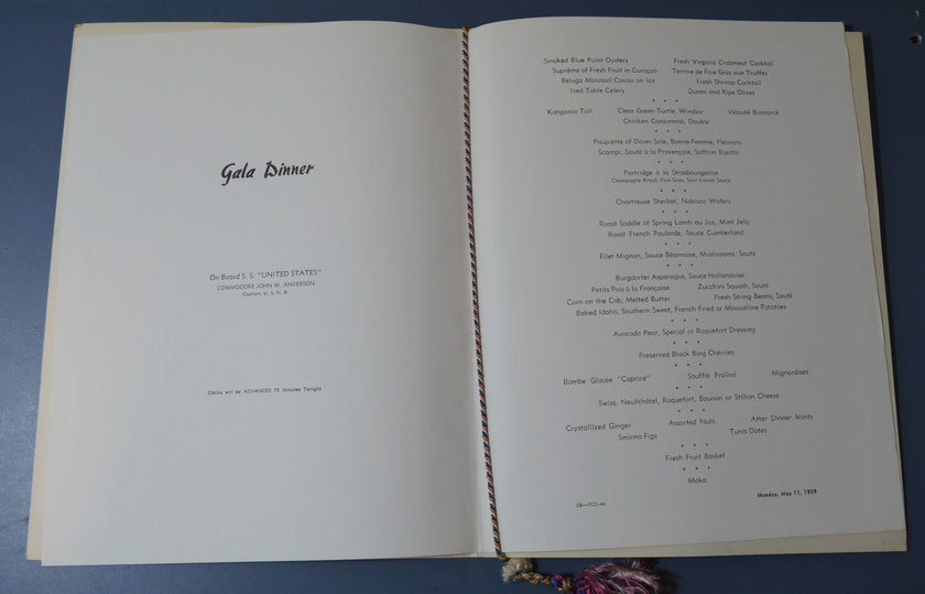 S.S. United States Gala Dinner Menu (Mon 11 May 1959)
