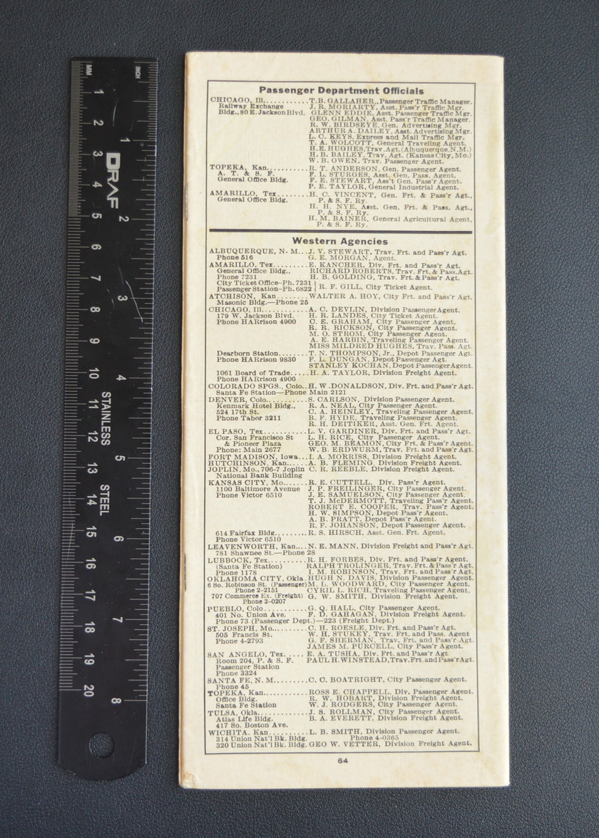 Santa Fe Railroad Local Timetable (27 Oct, 1940)