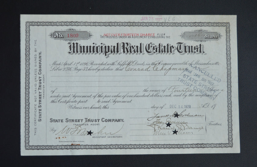 Municipal Real Estate Trust Stock Certificate (1940)