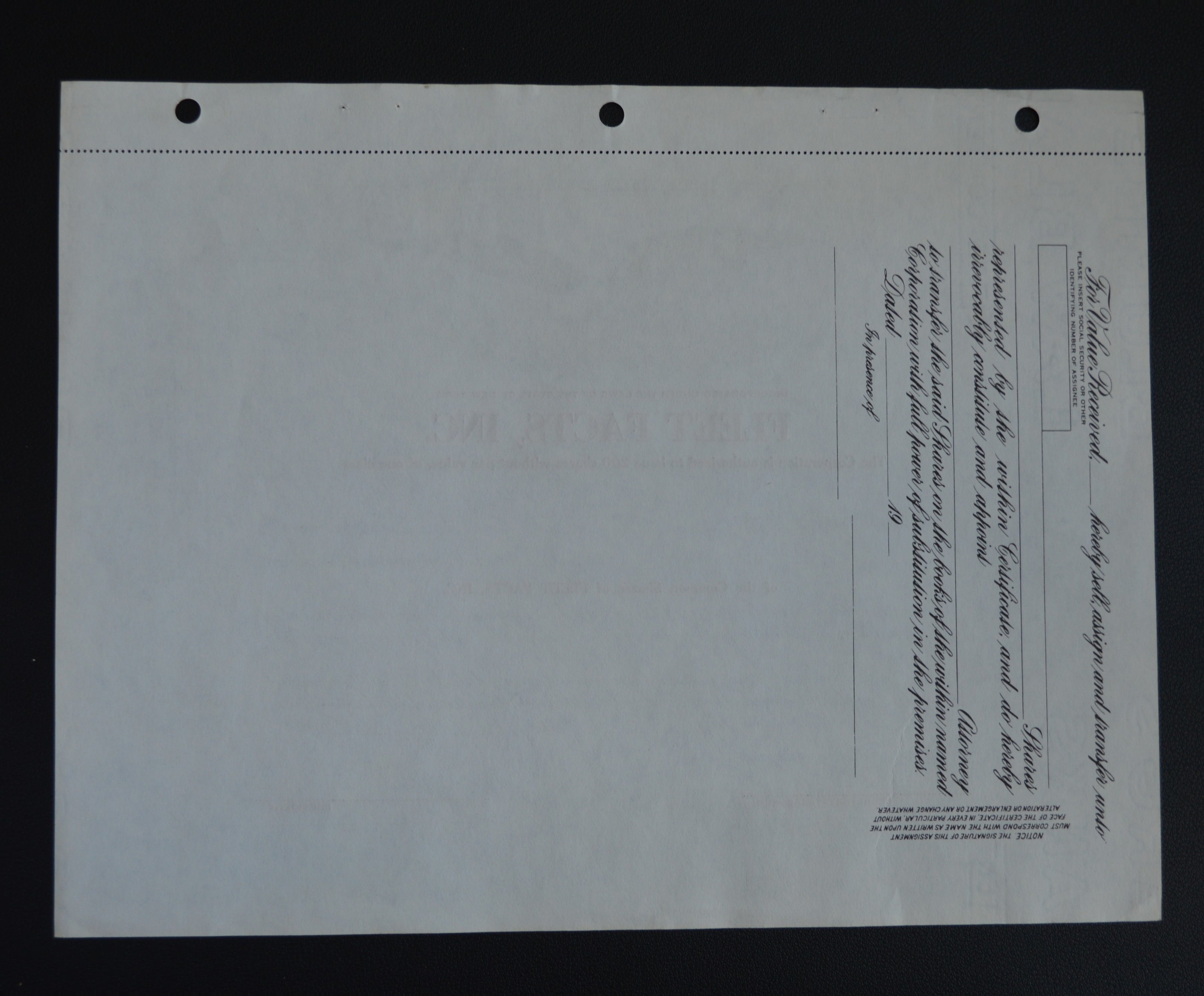 Fleet Facts, Inc Blank Stock Certificate #6