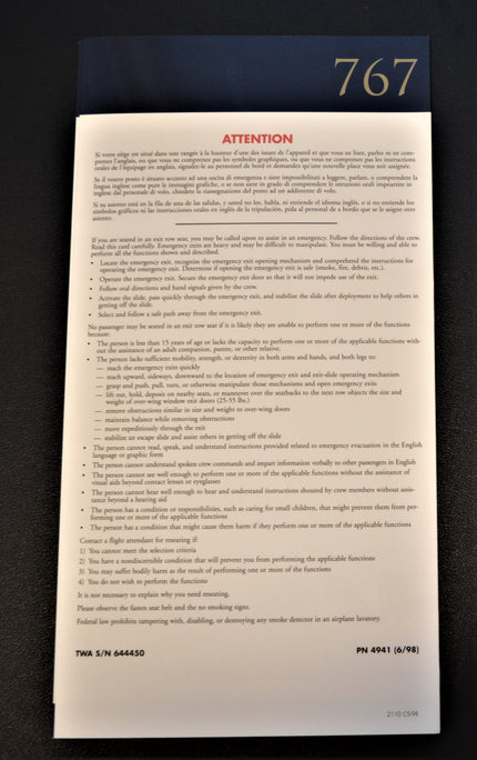 TWA Boeing 767 Safety Card (1998)