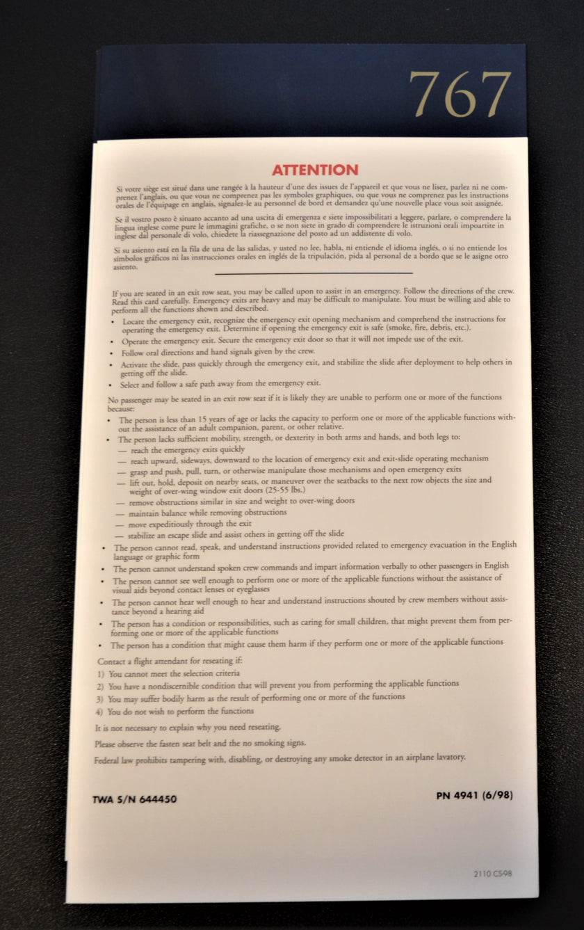 TWA Boeing 767 Safety Card (1998)