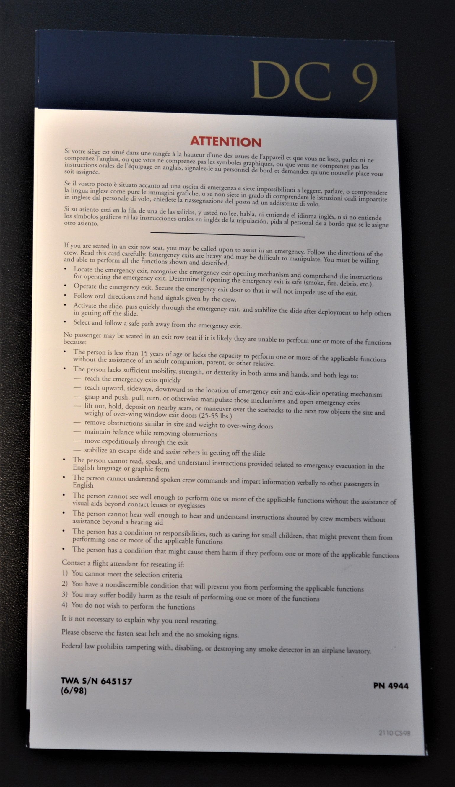 TWA DC-9 Safety Card (1998)